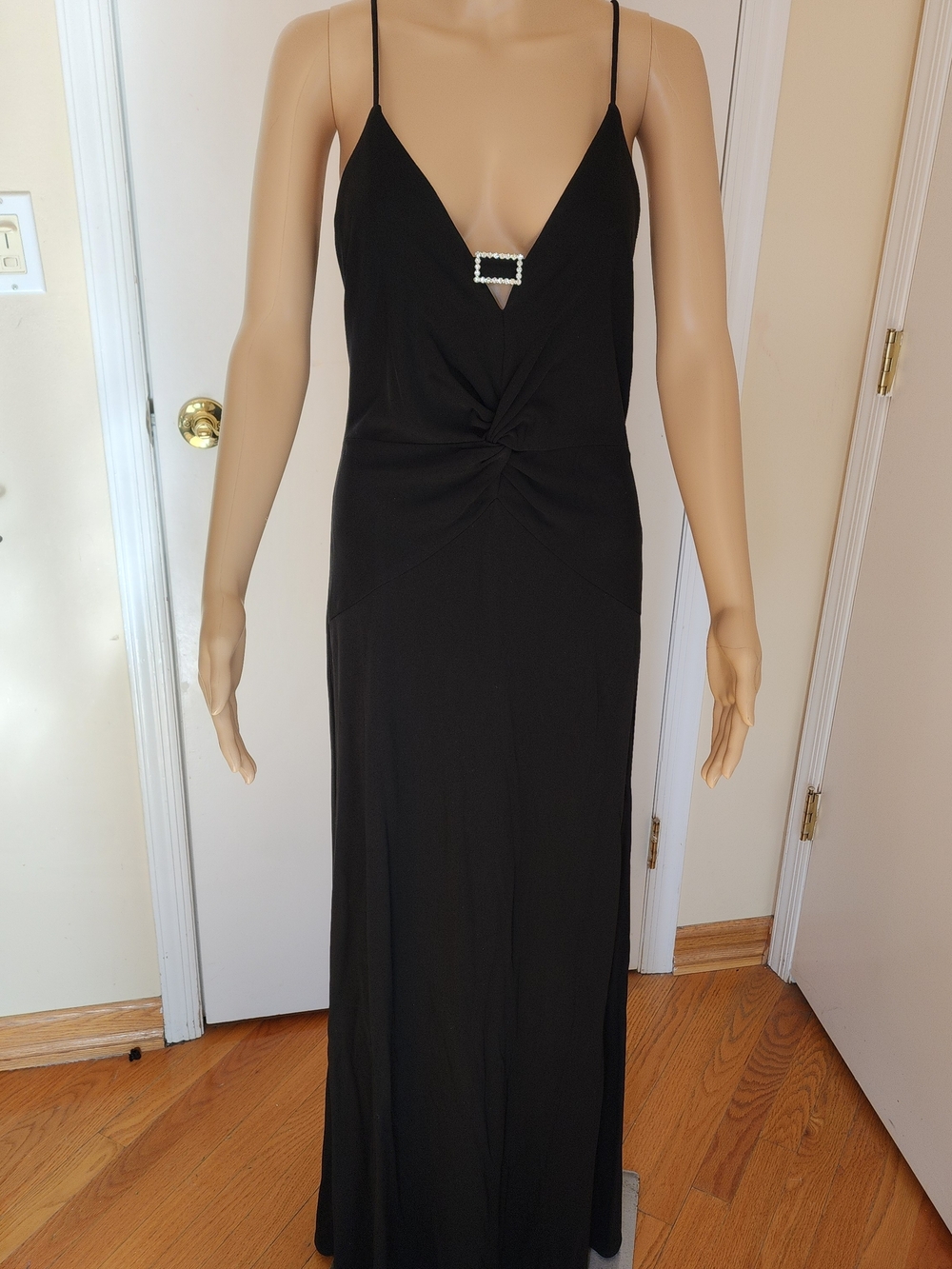 ABS Allen Schwartz Black Spaghetti Strap Maxi Dress with Rhinestone Buckle